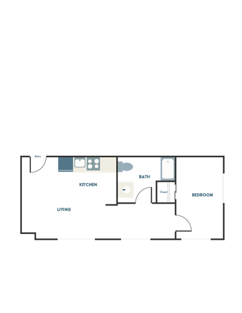 A floor plan of a house with a living room, kitchen, bathroom and bedroom.